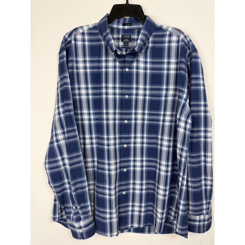 J.Crew Men Cotton Button Down XXL Blue Plaid Slim Flex Washed Long Sleeve Shirt